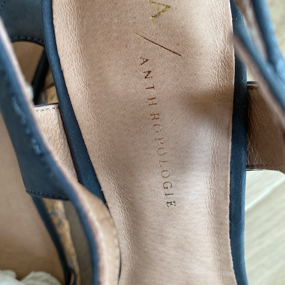 Anthropologie Arden Denim Blue Cork Platform Wedge Leather Sandals Size 9 - Picture 6 of 10